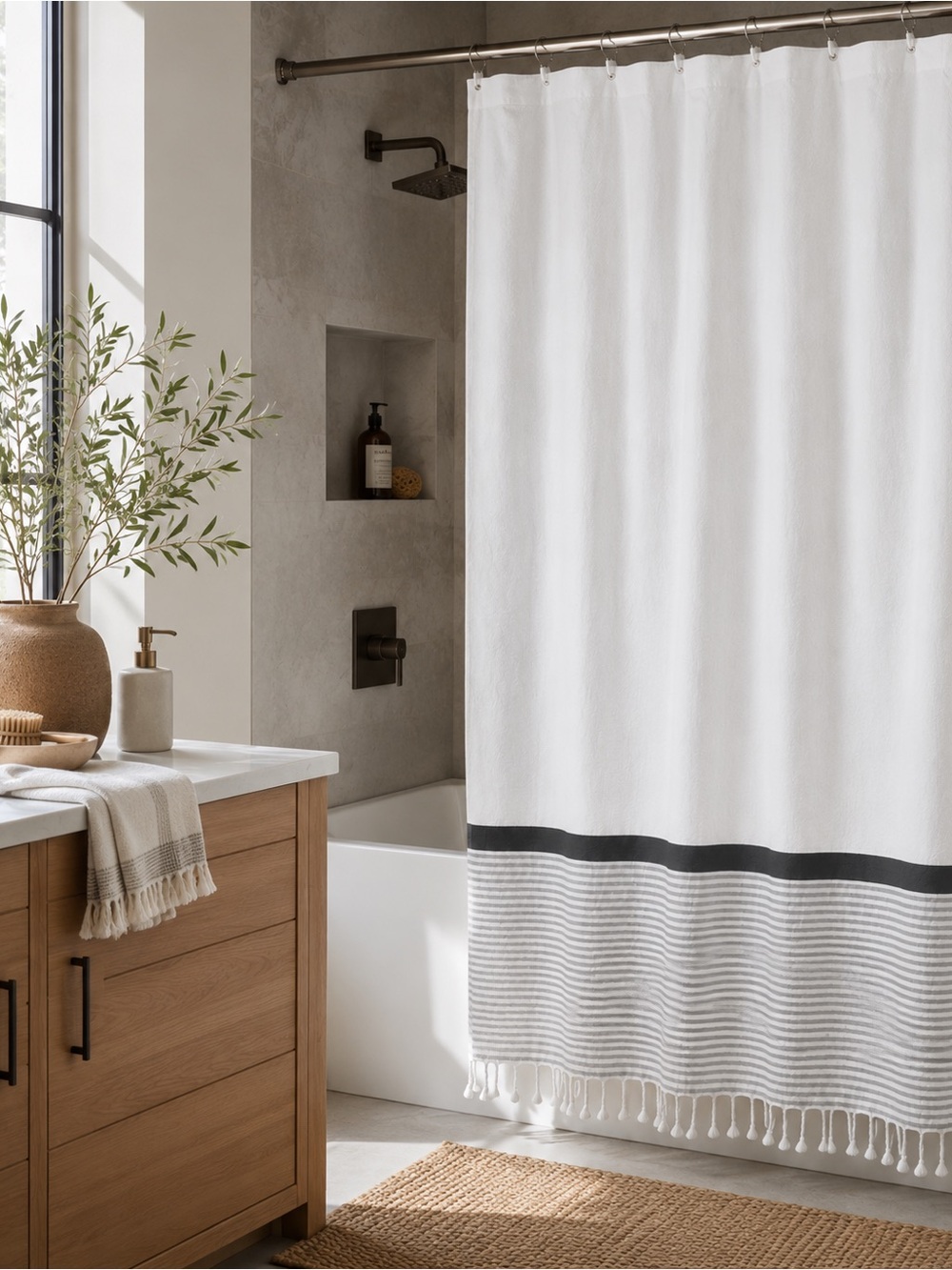 WEST ELM Shower Cotton Curtain with Stripes/Fringes #0501264